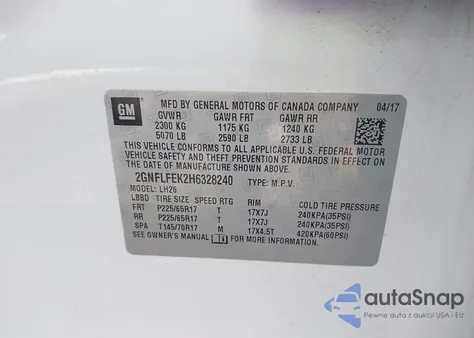 2017 Chevrolet Equinox Lt z USA, uszkodzony, nr VIN 2GNFLFEK2H6328240
